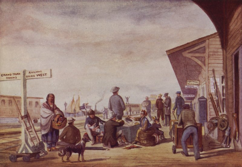 Immigrati alla stazione ferroviaria, Toronto (litografia a colori) da Canadian School