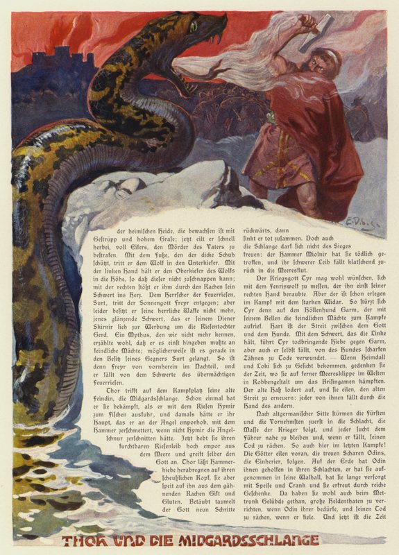 Thor che combatte il serpente di Midgard nella battaglia di Ragnarok da Carl Emil Doepler