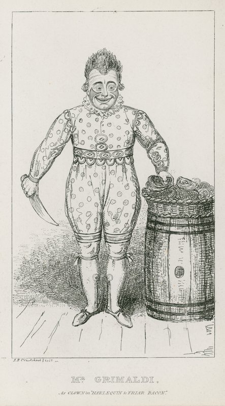 Mr Joseph Grimaldi come Clown in Arlecchino e Fra