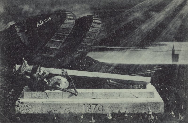 Un carro armato alleato vittorioso della Prima Guerra Mondiale passa accanto alla tomba di un soldato di cavalleria francese della Guerra Franco-Prussiana da Carl Ludwig Friedrich Becker