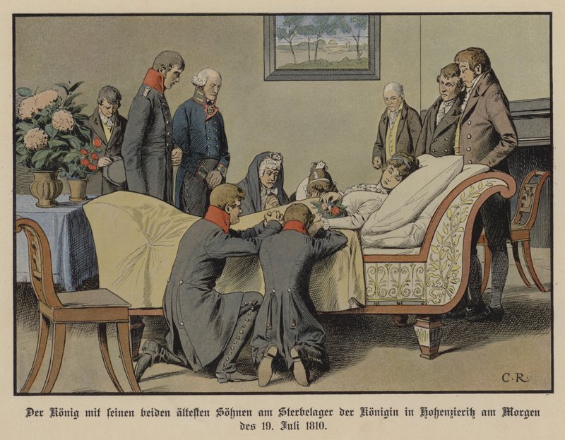 Il re Federico Guglielmo III di Prussia e i suoi due figli maggiori accanto al letto di morte della regina Luisa la mattina del 19 luglio 1810 da Carl Röchling