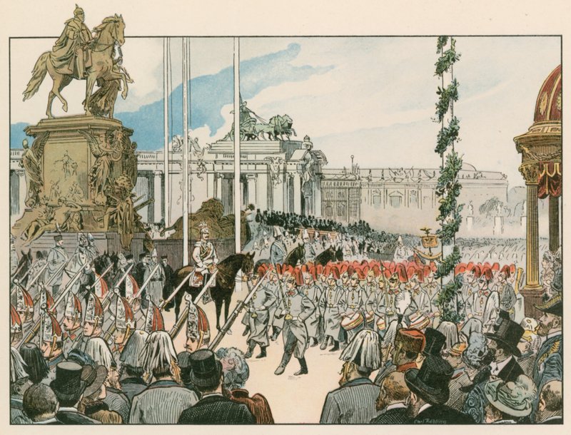 Guglielmo II, Imperatore tedesco e Re di Prussia (1859-1941), alla dedicazione del monumento nazionale a Berlino nel 1897 da Carl Rohling
