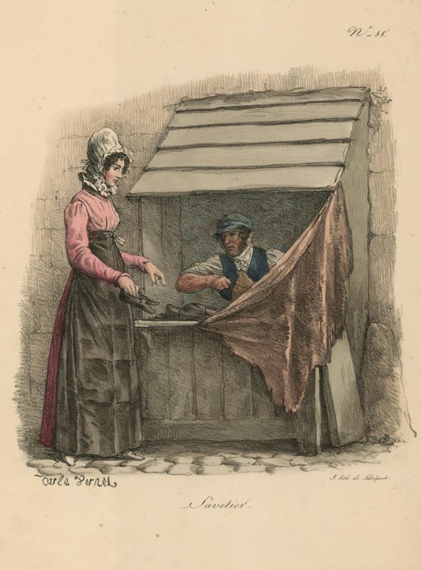 Calzolaio seduto dietro un banco da Carle Vernet