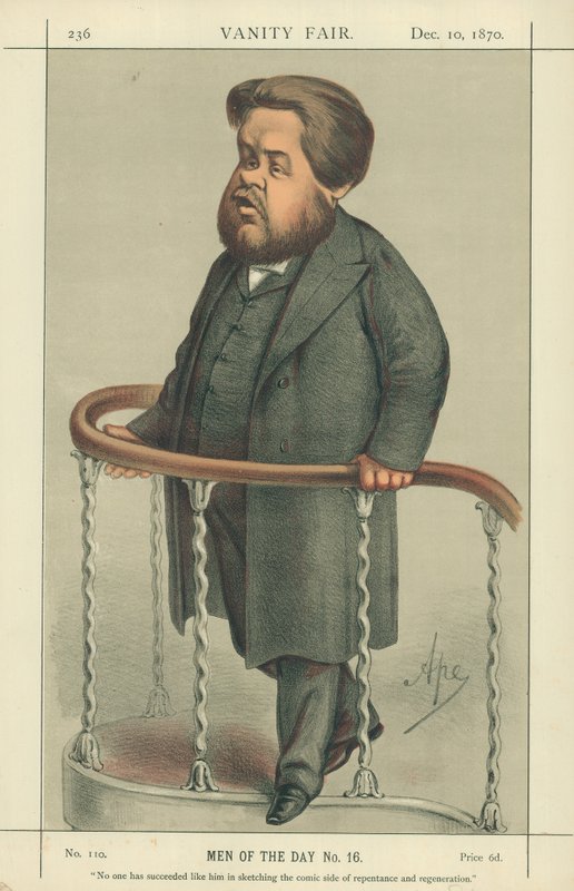 Il reverendo Charles Spurgeon, nessuno è riuscito come lui a disegnare il lato comico del pentimento e della rigenerazione, 17 luglio 1880, caricatura di Vanity Fair da Carlo Pellegrini