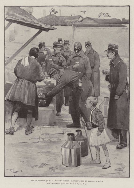 La guerra greco-turca, caffè del mattino, una scena di strada a Larissa, 19 aprile da Cecil Charles Windsor Aldin
