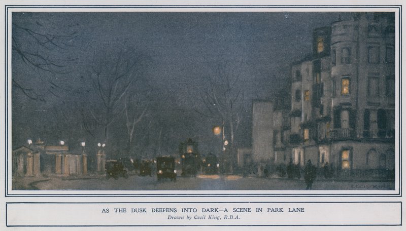 Mentre il crepuscolo si trasforma in buio - una scena in Park Lane da Cecil King