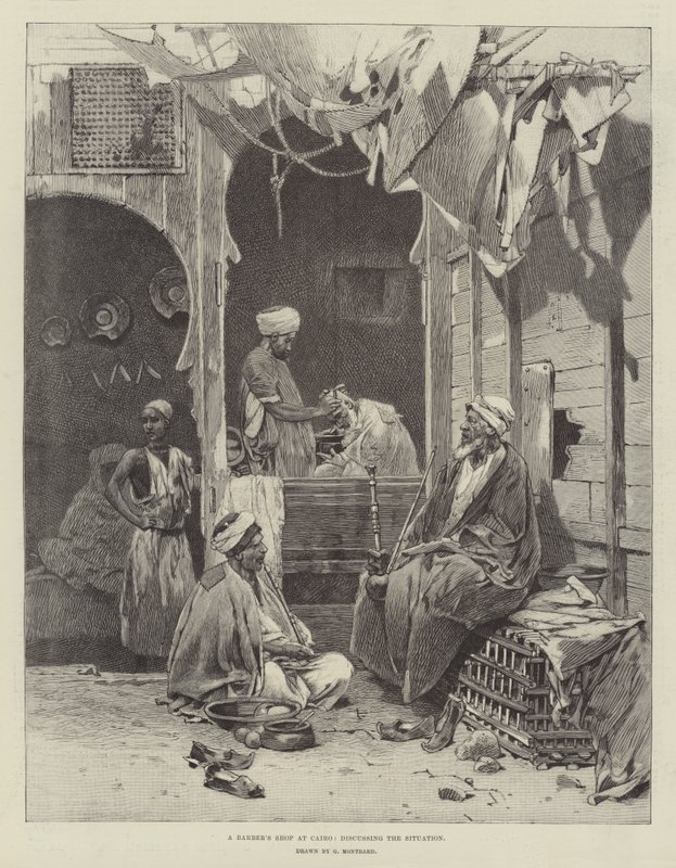 Una bottega di barbiere al Cairo, discutendo la situazione da Charles Auguste Loye