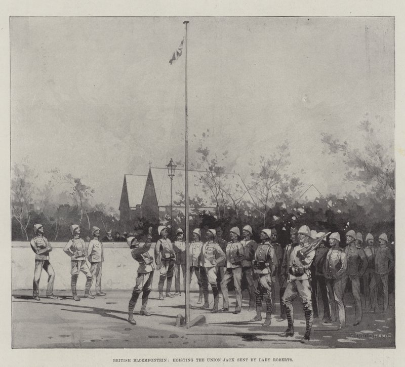 British Bloemfontein, issando la Union Jack inviata da Lady Roberts da Charles Auguste Loye
