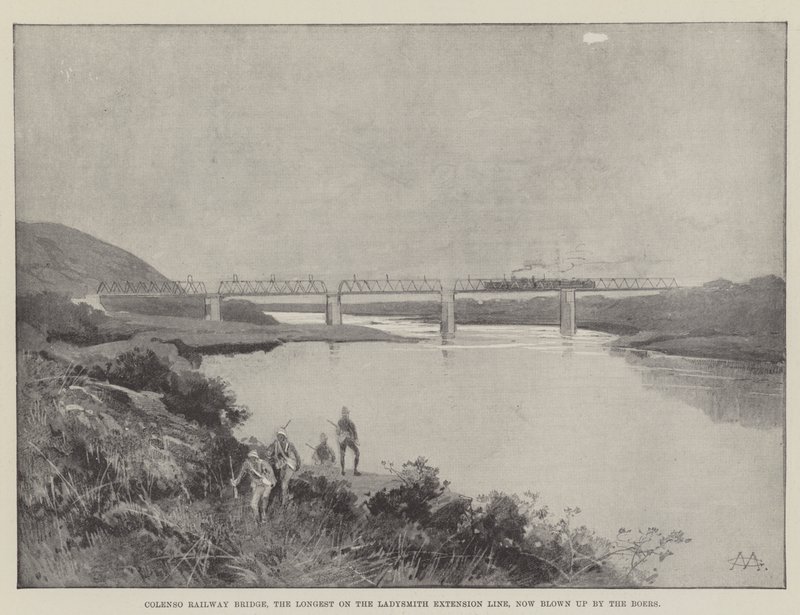 Ponte ferroviario di Colenso, il più lungo sulla linea di estensione di Ladysmith, ora fatto esplodere dai Boeri da Charles Auguste Loye
