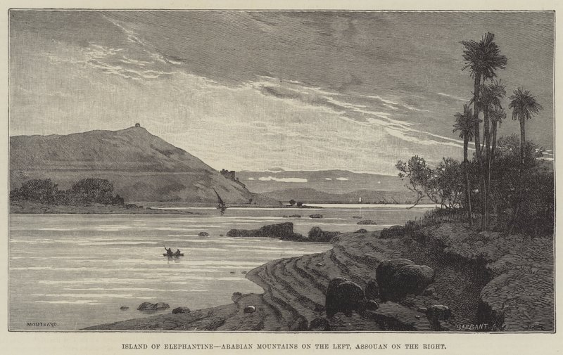 Isola di Elefantina, Montagne arabe a sinistra, Assouan a destra da Charles Auguste Loye