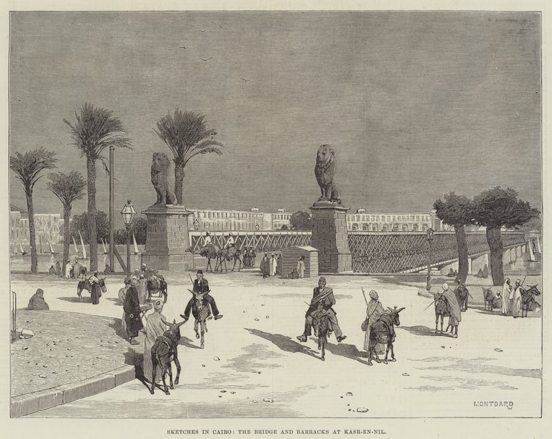 Schizzi al Cairo, il ponte e le caserme di Kasr-en-Nil da Charles Auguste Loye