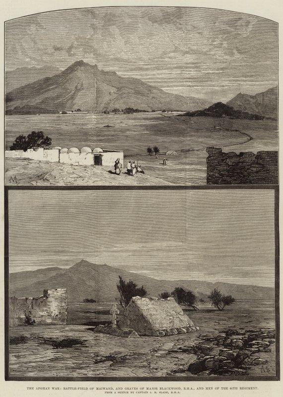 La guerra afgana, campo di battaglia di Maiwand, e tombe del maggiore Blackwood, RHA, e uomini del 66° reggimento da Charles Auguste Loye