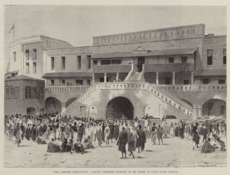 La spedizione Ashanti, portatori nativi in attesa di essere assunti al Castello di Cape Coast da Charles Auguste Loye