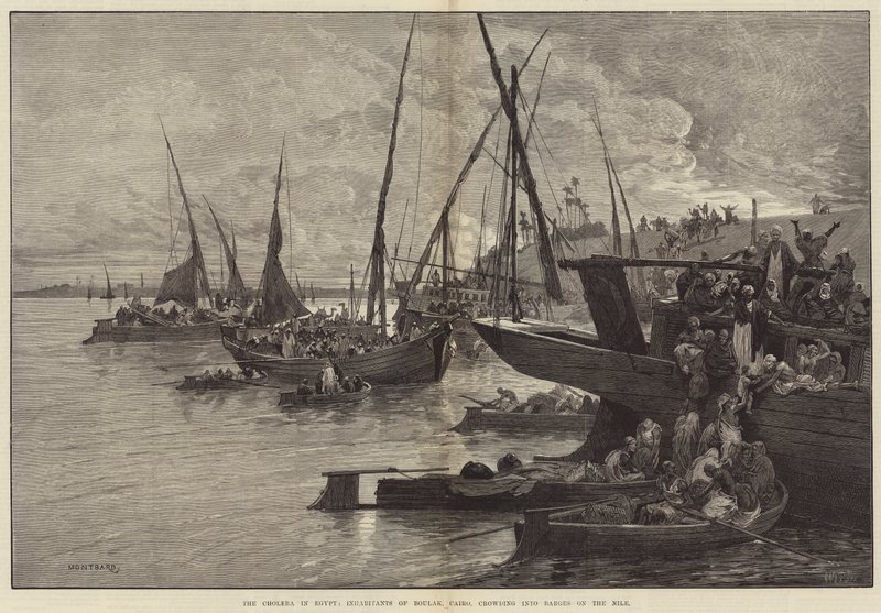 Il colera in Egitto, abitanti di Boulak, Cairo, che si affollano nelle chiatte sul Nilo da Charles Auguste Loye