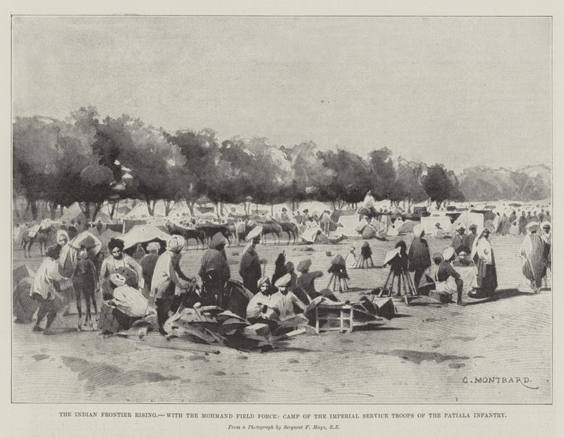 La rivolta della frontiera indiana, con la Mohmand Field Force, campo delle truppe di servizio imperiale della fanteria di Patiala da Charles Auguste Loye