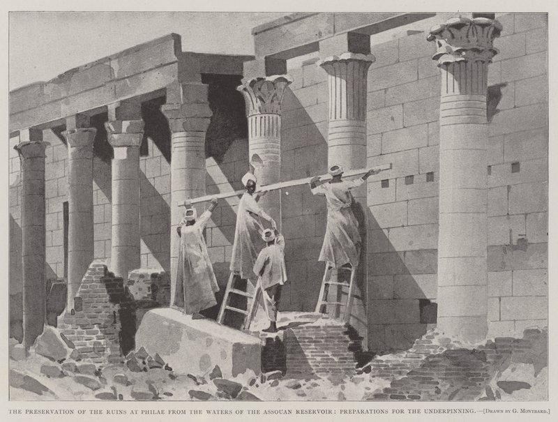 La conservazione delle rovine di Philae dalle acque del serbatoio di Assuan, preparativi per il rinforzo da Charles Auguste Loye