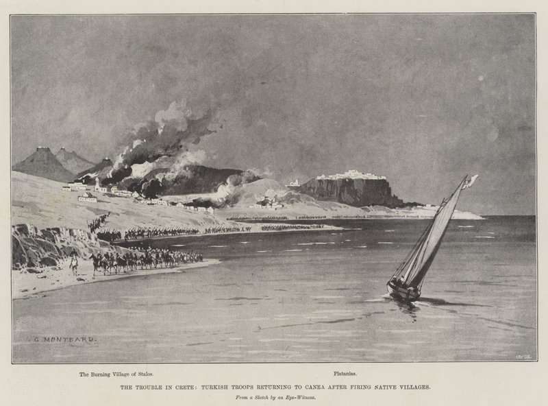 I Problemi a Creta, Truppe Turche che Ritornano a Canea dopo aver Incendiato Villaggi Nativi da Charles Auguste Loye