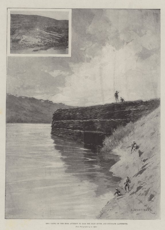 Due vedute del tentativo boero di arginare il fiume Klip e inondare Ladysmith da Charles Auguste Loye