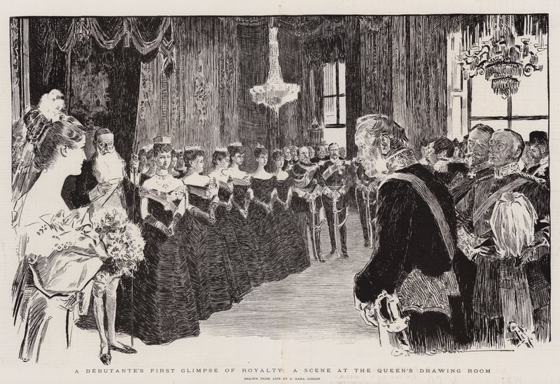 Il primo sguardo di una debuttante alla regalità, una scena alla Sala del Trono della Regina da Charles Dana Gibson