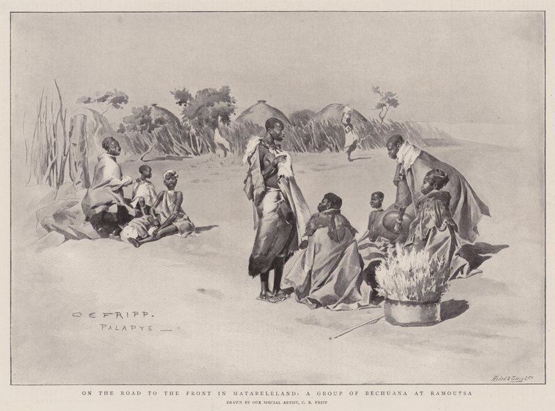 Sulla strada per il fronte in Matabeleland, un gruppo di Bechuana a Ramoutsa da Charles Edmund Brock