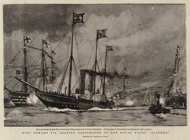 Re Edoardo VII lascia Portsmouth sullo yacht reale Alberta da Charles Edward Dixon