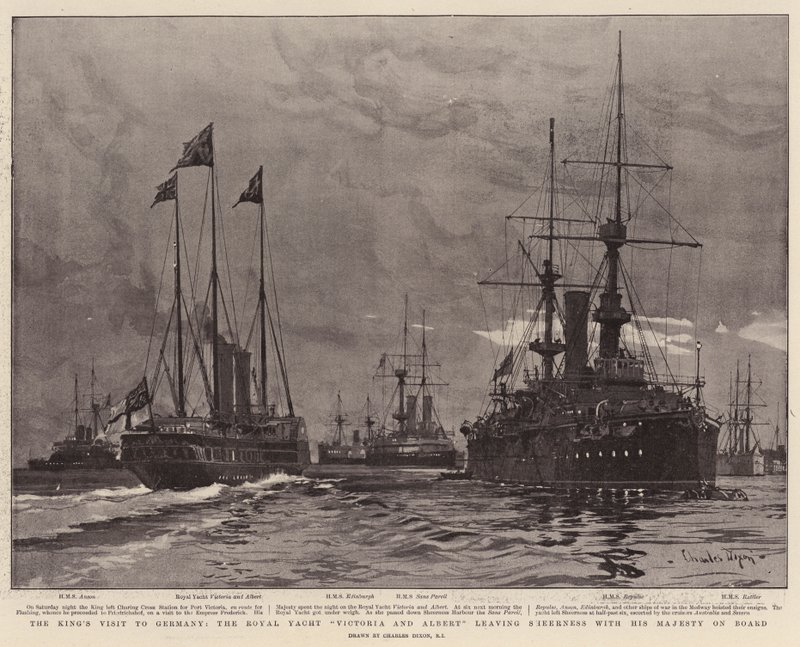 La Visita del Re in Germania, il Royal Yacht Victoria e Albert che lascia Sheerness con Sua Maestà a Bordo da Charles Edward Dixon