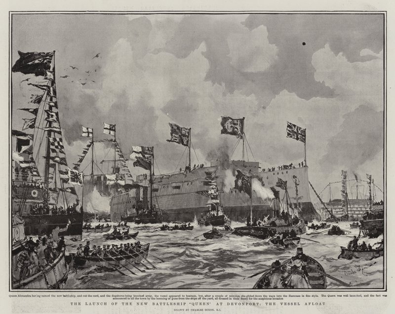 Il varo della nuova corazzata Queen a Devonport da Charles Edward Dixon