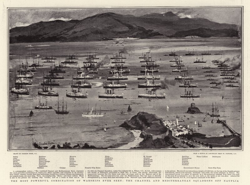La combinazione più potente di navi da guerra mai vista, gli Squadroni del Canale e del Mediterraneo al largo di Nauplia da Charles Edward Dixon