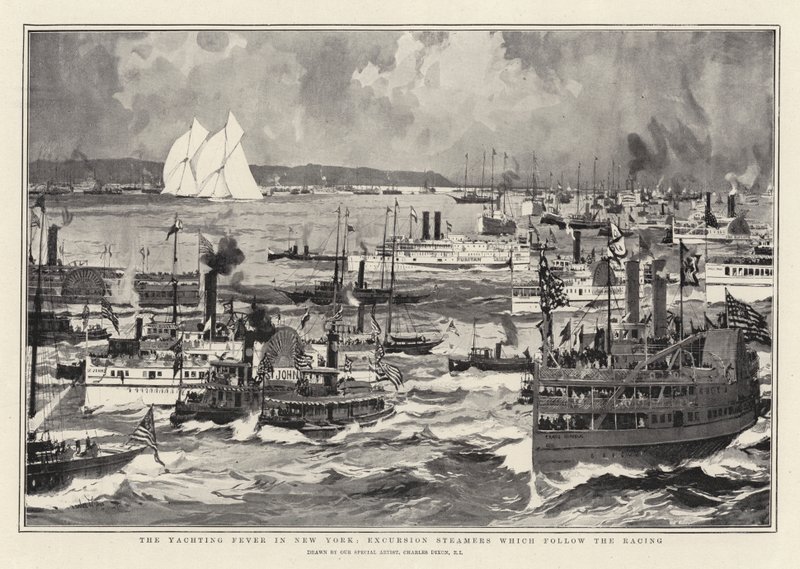 La febbre della vela a New York, i battelli a vapore che seguono la gara da Charles Edward Dixon