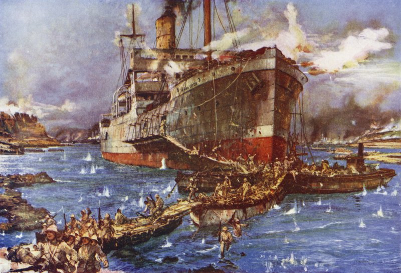 Lo sbarco delle truppe dal fiume Clyde a V Beach, Penisola di Gallipoli, Turchia, 25 aprile 1915 da Charles Edward Dixon