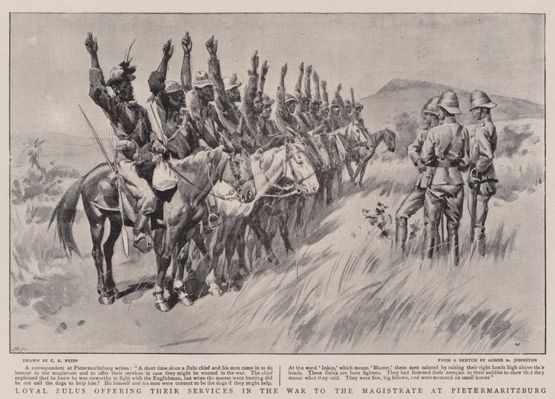 Zulu leali che offrono i loro servizi nella guerra al magistrato a Pietermaritzburg da Charles Edwin Fripp