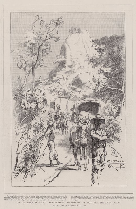 In marcia nel Mashonaland, carri di trasporto sulla strada vicino al fiume Umsawe da Charles Edwin Fripp