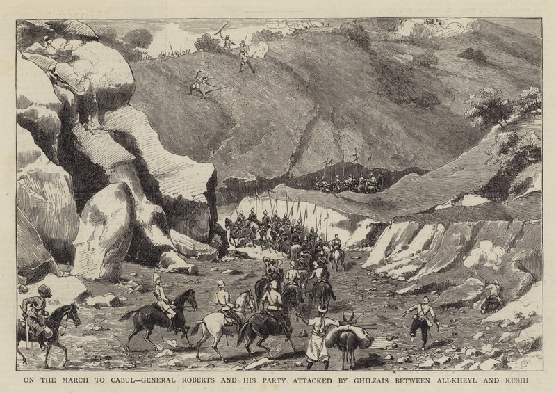 In marcia verso Kabul, il generale Roberts e il suo gruppo attaccati dai Ghilzai tra Ali-Kheyl e Kushi da Charles Edwin Fripp