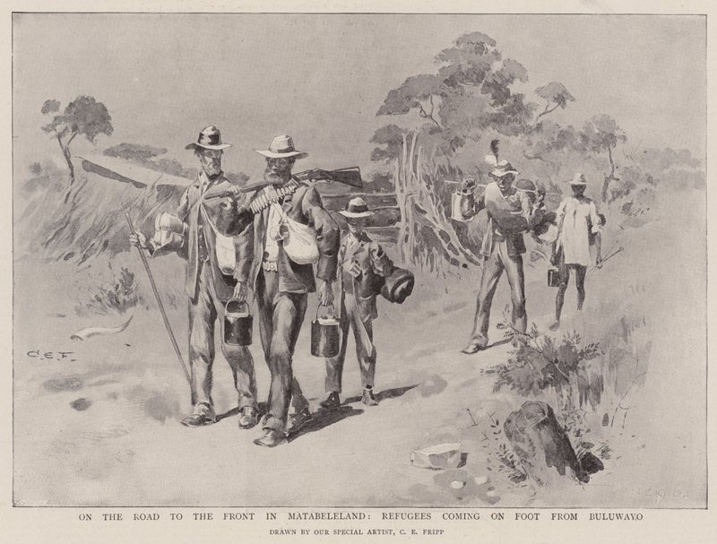 Sulla strada per il fronte in Matabeleland, rifugiati a piedi da Buluwayo da Charles Edwin Fripp