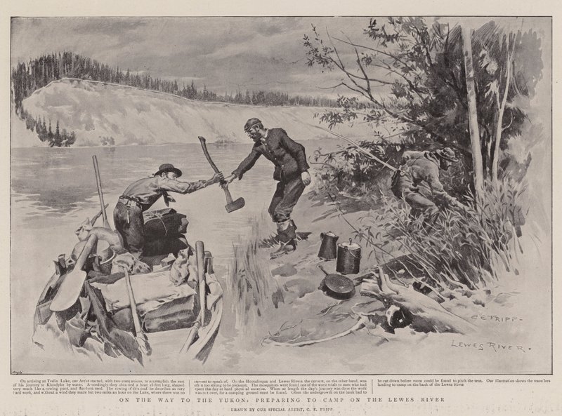 Sulla strada per lo Yukon, preparandosi a campeggiare sul fiume Lewes da Charles Edwin Fripp