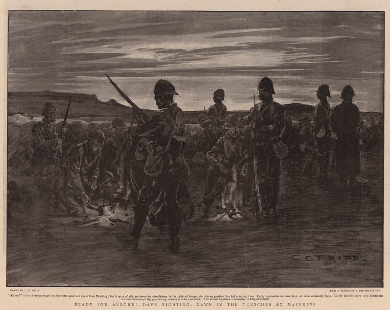 Pronti per un Altro Giorno di Combattimento, Alba nelle Trincee a Mafeking da Charles Edwin Fripp