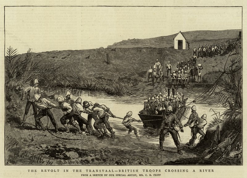 La rivolta nel Transvaal, truppe britanniche che attraversano un fiume da Charles Edwin Fripp