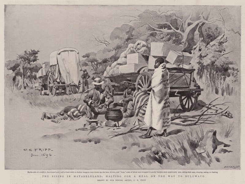 La rivolta in Matabeleland, sosta per un pasto sulla strada per Buluwayo da Charles Edwin Fripp