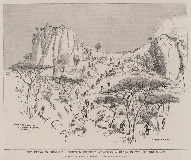 La rivolta in Rhodesia, fanteria montata che attacca un Kraal nella catena di Selundi da Charles Edwin Fripp