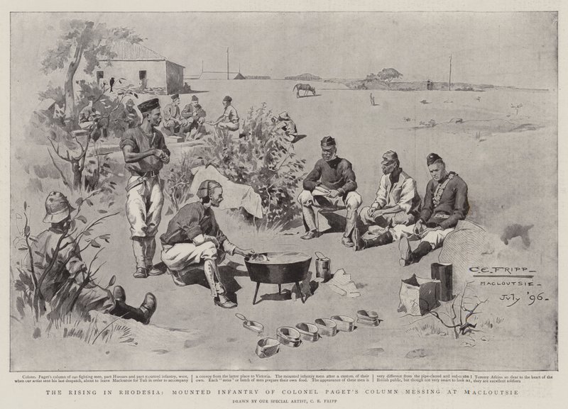 La rivolta in Rhodesia, fanteria montata della colonna del colonnello Paget a Macloutsie da Charles Edwin Fripp
