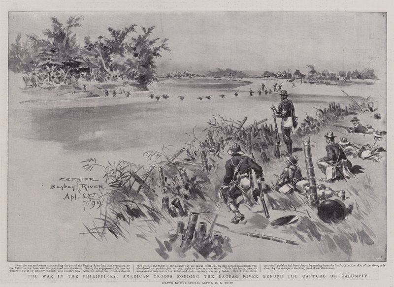 La guerra nelle Filippine, truppe americane che attraversano il fiume Bagbag prima della cattura di Calumpit da Charles Edwin Fripp