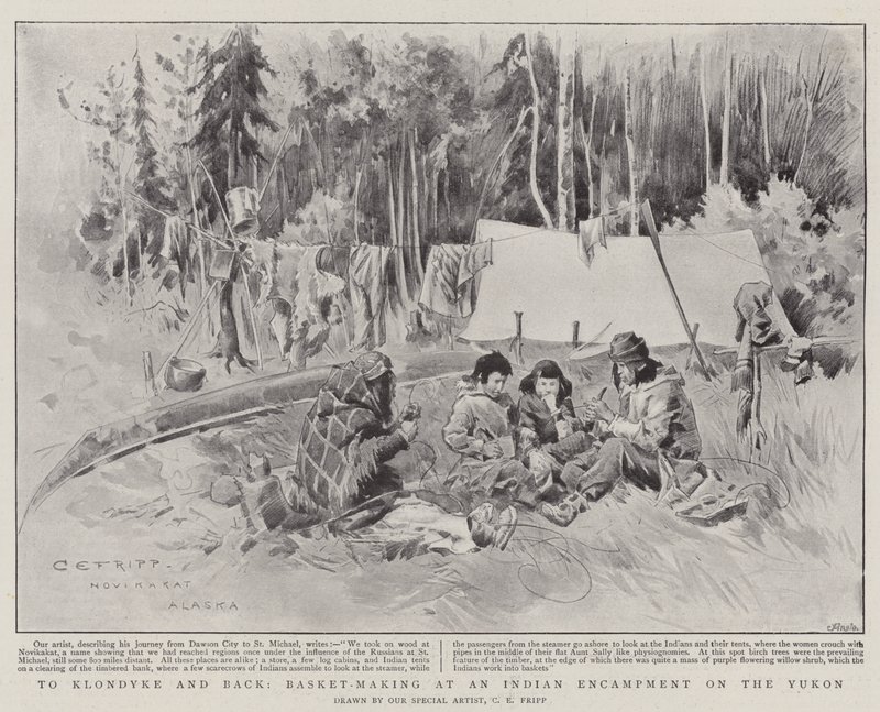 Verso Klondyke e ritorno, fabbricazione di cesti in un accampamento indiano sullo Yukon da Charles Edwin Fripp