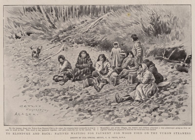 Verso Klondyke e ritorno, nativi in attesa di pagamento per il legno usato sui piroscafi dello Yukon da Charles Edwin Fripp