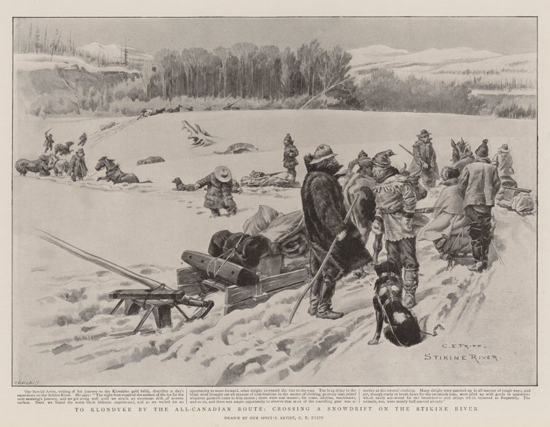 Verso Klondyke per la rotta tutta canadese, attraversando una nevicata sul fiume Stikine da Charles Edwin Fripp