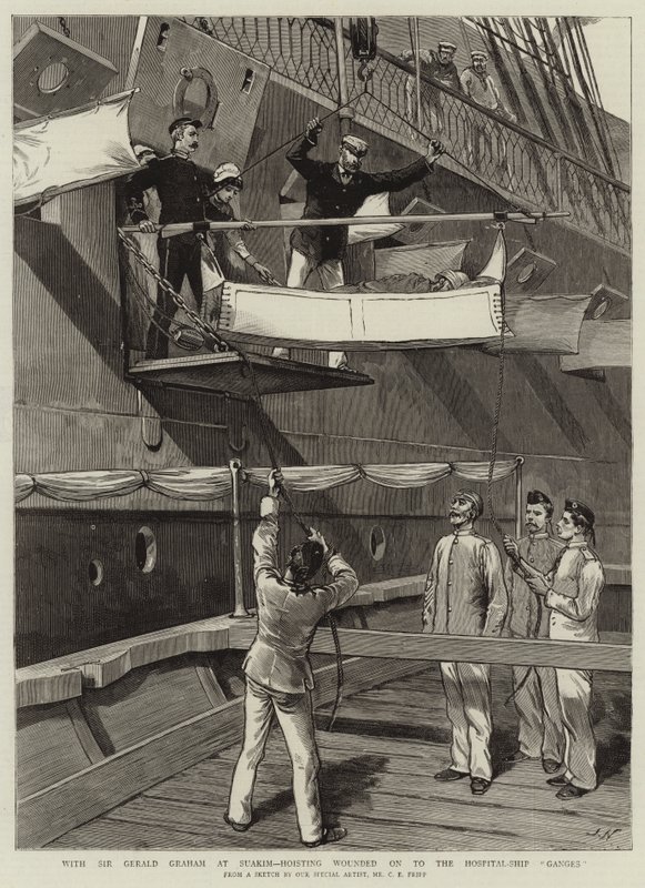 Con Sir Gerald Graham a Suakim, issando i feriti sulla Nave Ospedale Ganges da Charles Edwin Fripp