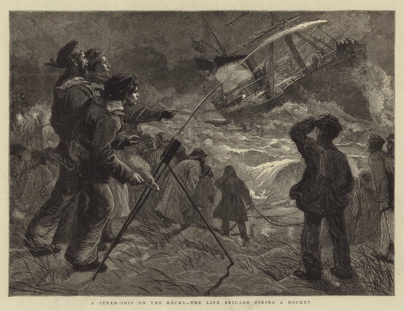 Una nave a vapore sugli scogli, la brigata di salvataggio che spara un razzo da Charles J. Staniland