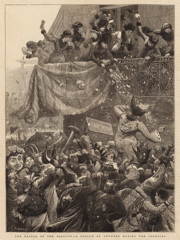 La Battaglia del Balcone, uno Schizzo ad Anversa durante il Carnevale da Charles J. Staniland