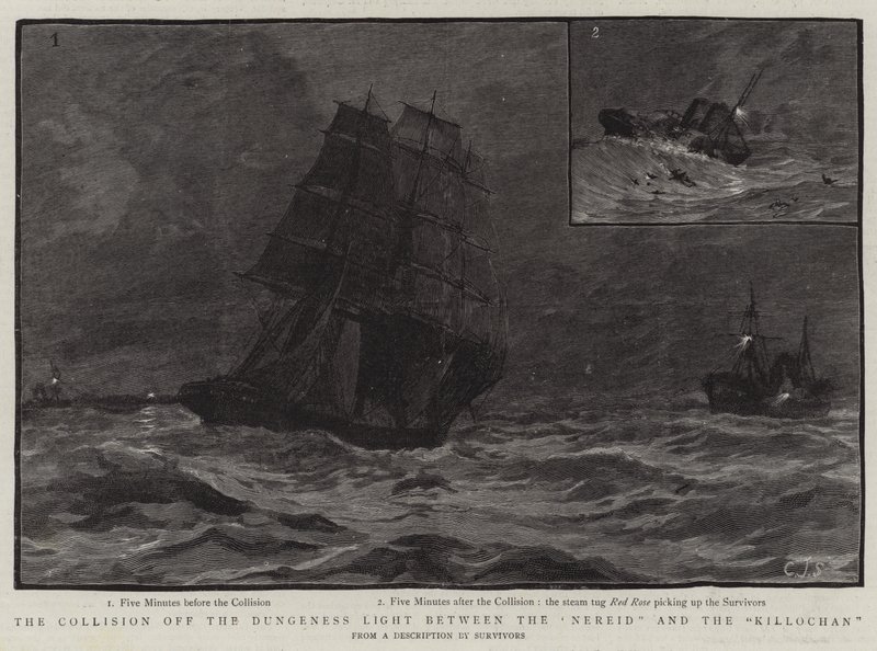 La collisione al largo del faro di Dungeness tra la Nereide e la Killochan da Charles J. Staniland