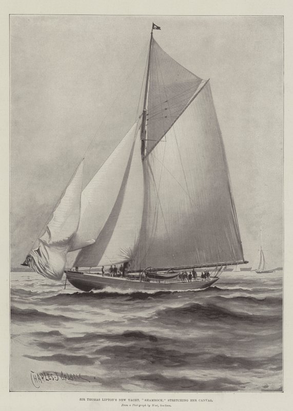 La nuova yacht di Sir Thomas Lipton, Shamrock, che stende la sua tela da Charles John de Lacy