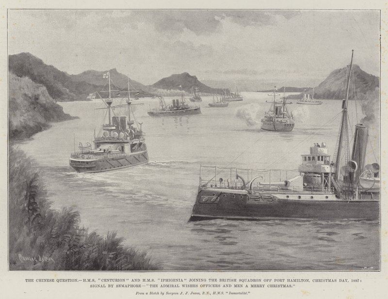 La questione cinese, HMS Centurion e HMS Iphigenia si uniscono allo squadrone britannico al largo di Port Hamilton, giorno di Natale, 1897, segnale con semaforo, l